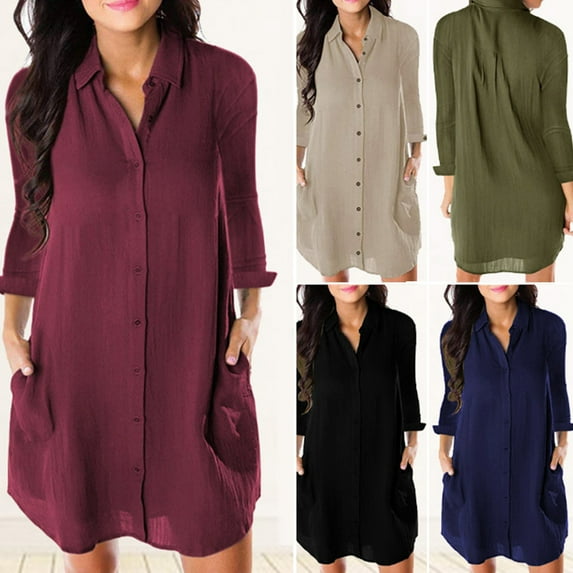Dream Lifestyle Turn-down Collar Long Sleeve Single Breasted Shirt Dress Solid Color Pockets Loose Casual Women Dress Female Clothing