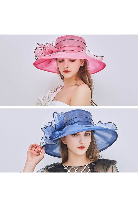 Women's Organza Hat, Church Derby Hat with Ruffles, Wide Brim Floral Flat Top Sun Hat for Summer, Against UV