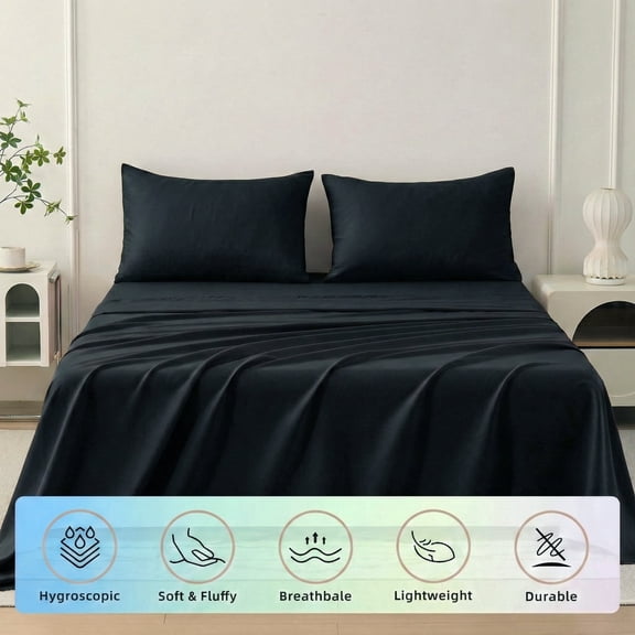Dream Living Queen Size Bedding Set (Includes 1 Flat Sheet, 1 Fitted Sheet, 2 Pillow Covers, 14'' Deep Pocket Soft Microfiber 4 Piece Set) Black