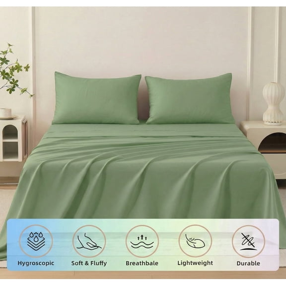 Dream Living Queen Size Bedding Set (Includes 1 Flat Sheet, 1 Fitted Sheet, 2 Pillow Covers, 14'' Deep Pocket Soft Microfiber 4 Piece Set) Green