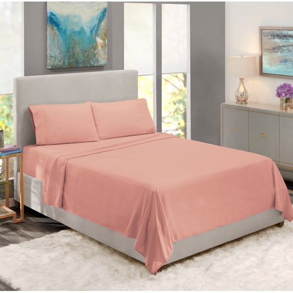 Dream Living Solid Queen Size 4 Piece Bedsheet Set includes 1 Fitted Sheet, 1 Flat sheet Set, 2 Pillow Covers with Deep Pocket Soft Microfiber (Peach)
