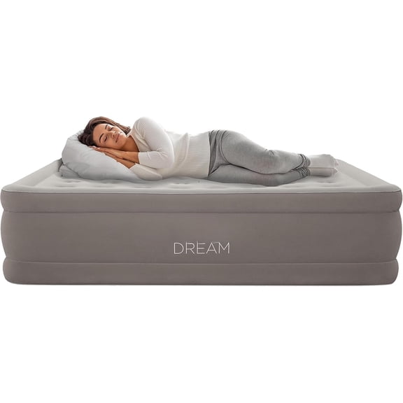 Dream Luxury Air Mattress, Built-in Dual Pump, Stays Inflated Night, 18" Double-High Blow-Up Airbed with Coil Beams, for Guests, RV Camping & , 1-Year Warranty