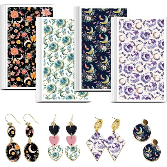 Dream Moon Pattern Clay Transfer Paper 4 Design 24Pcs Transfer Paper DIY for Polymer Moon Plants Polymer Clay Transfer Sheets Fantasy Theme Small Transfer Paper DIY for Clay Earrings Jewelry Making