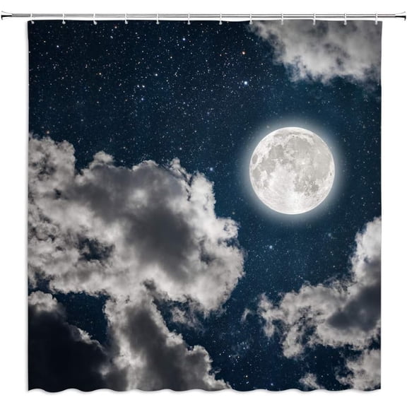 Dream Night Sky Shower Curtain Full Moon Stars Galaxy Clouds Beautiful Universe Black Bathroom Curtains Decor Polyester Fabric Include Hooks(36" Wx70 H)