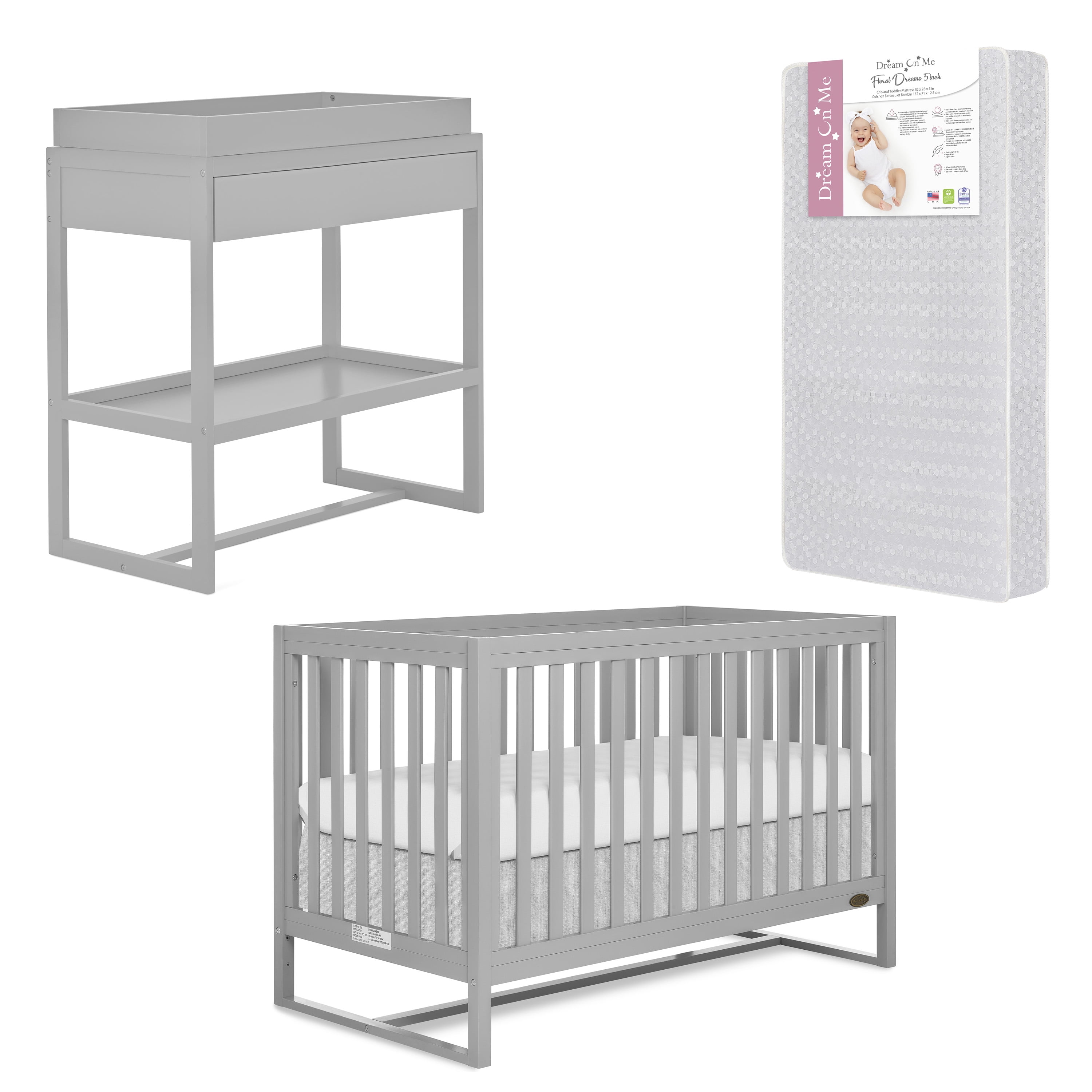 Dream On Me Nursery Bundle of Dream On Me Arlo 5-in-1 Convertible Crib, Dream On Me Arlo Changing Table, with a Dream On Me Honeycomb Orthopedic Firm Fiber Standard Crib Mattress, Pebble Grey