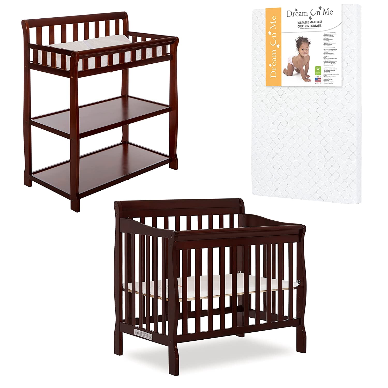 Dream On Me Nursery Essentials Bundle of Dream On Me Aden Convertible 4-in-1 Mini Crib, Dream On Me Ashton Changing-Table, with a Dream On Me Sunset 3 Extra Firm Fiber Portable Crib Mattress