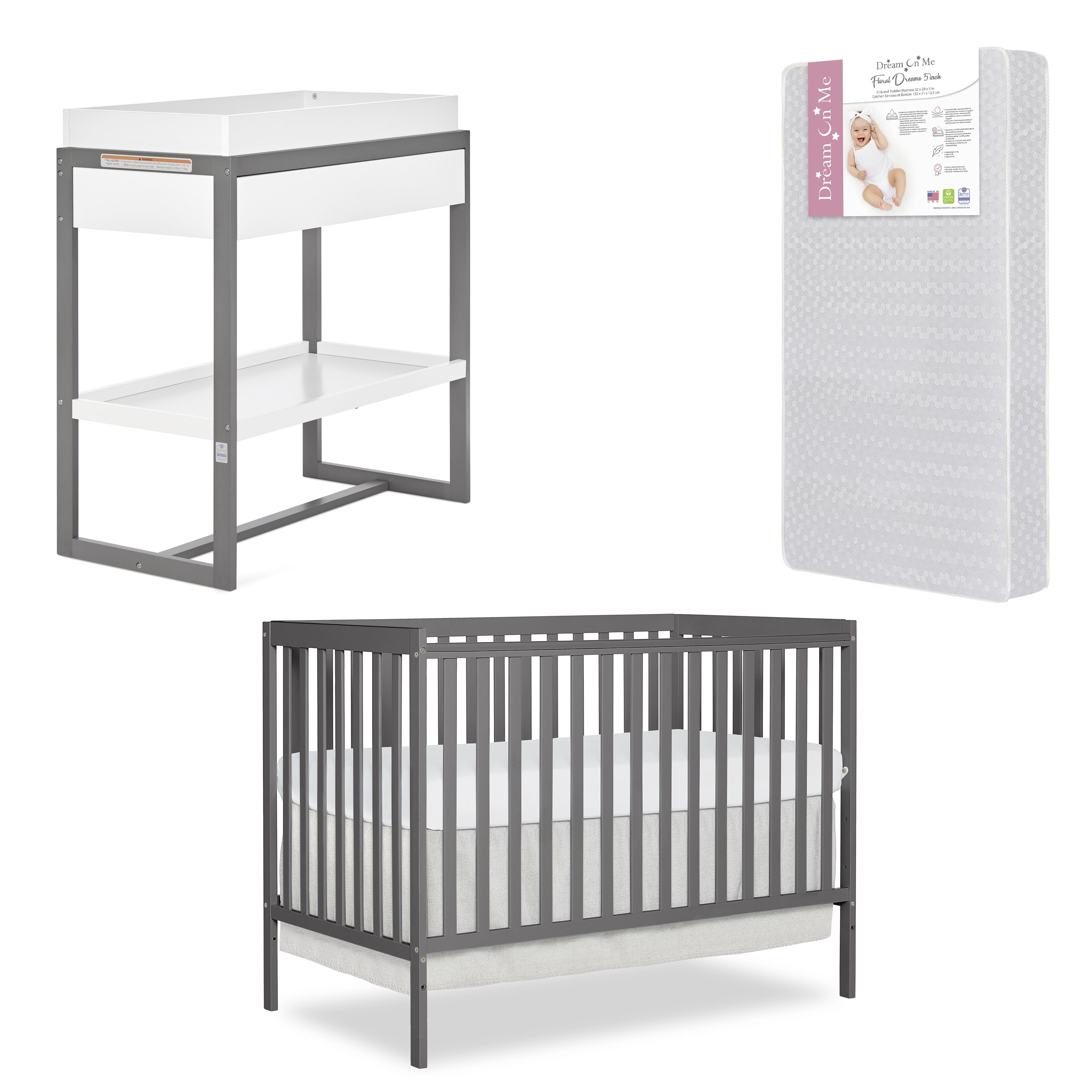 Dream On Me Nursery Essentials Bundle of Dream On Me Synergy 5 in 1 Convertible Crib, Dream On Me Arlo Changing-Table, with a Dream On Me Honeycomb Orthopedic Firm Fiber Standard Crib Mattress