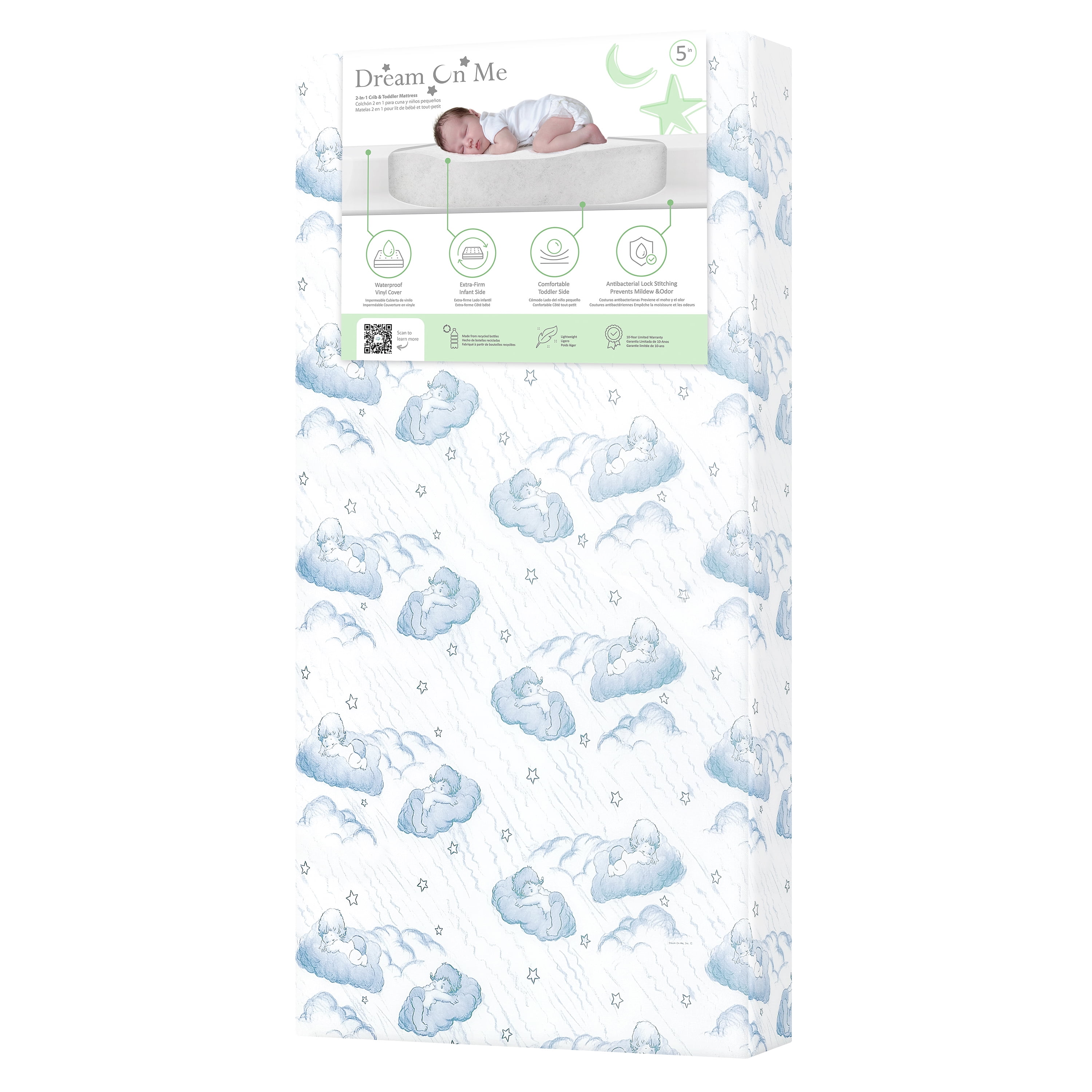 Dream On Me 2 in 1 Cozy Cloud Crib and Toddler Mattress, Blue Cloud