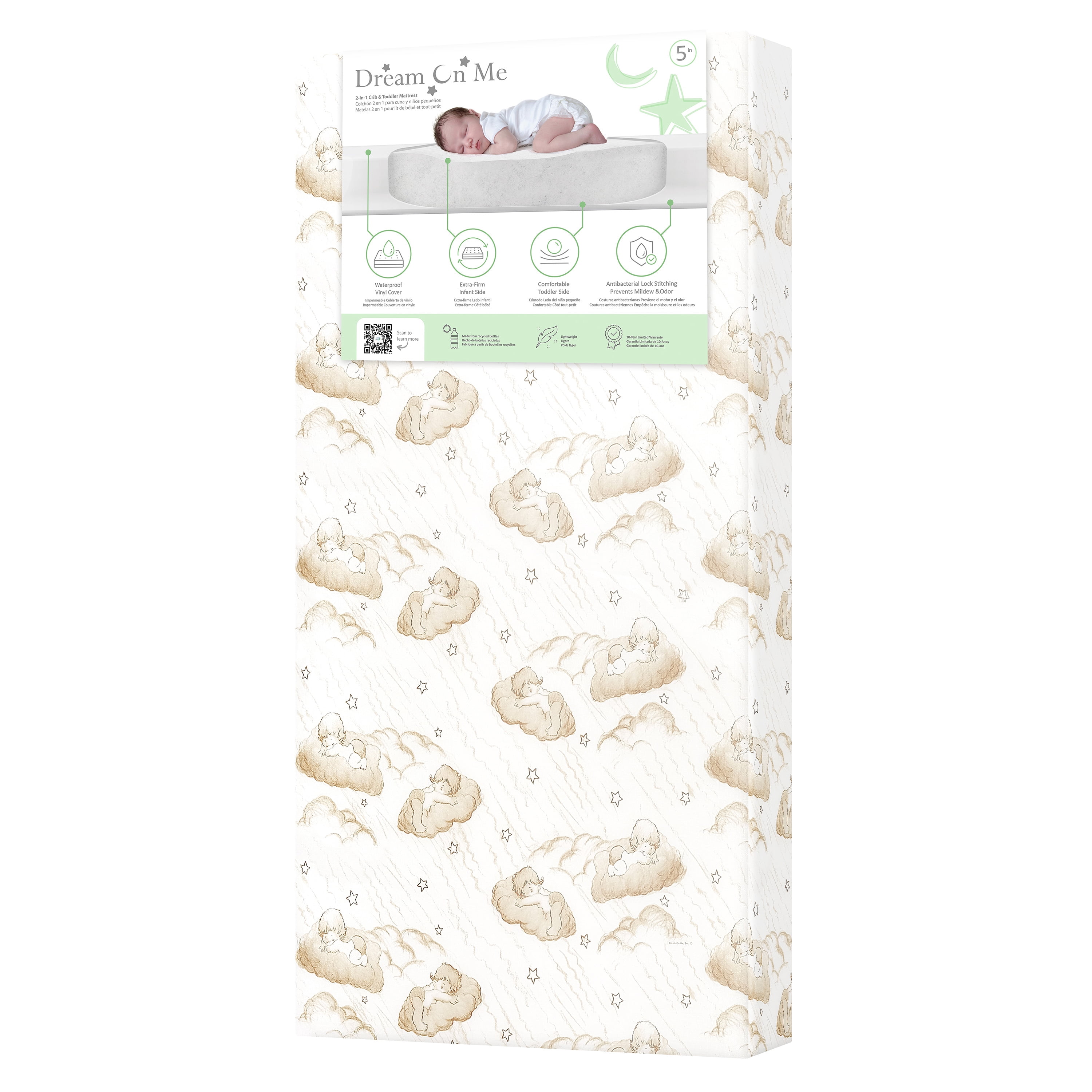 Dream On Me 2 in 1 Little Lullaby Crib and Toddler Mattress, Beige Cloud