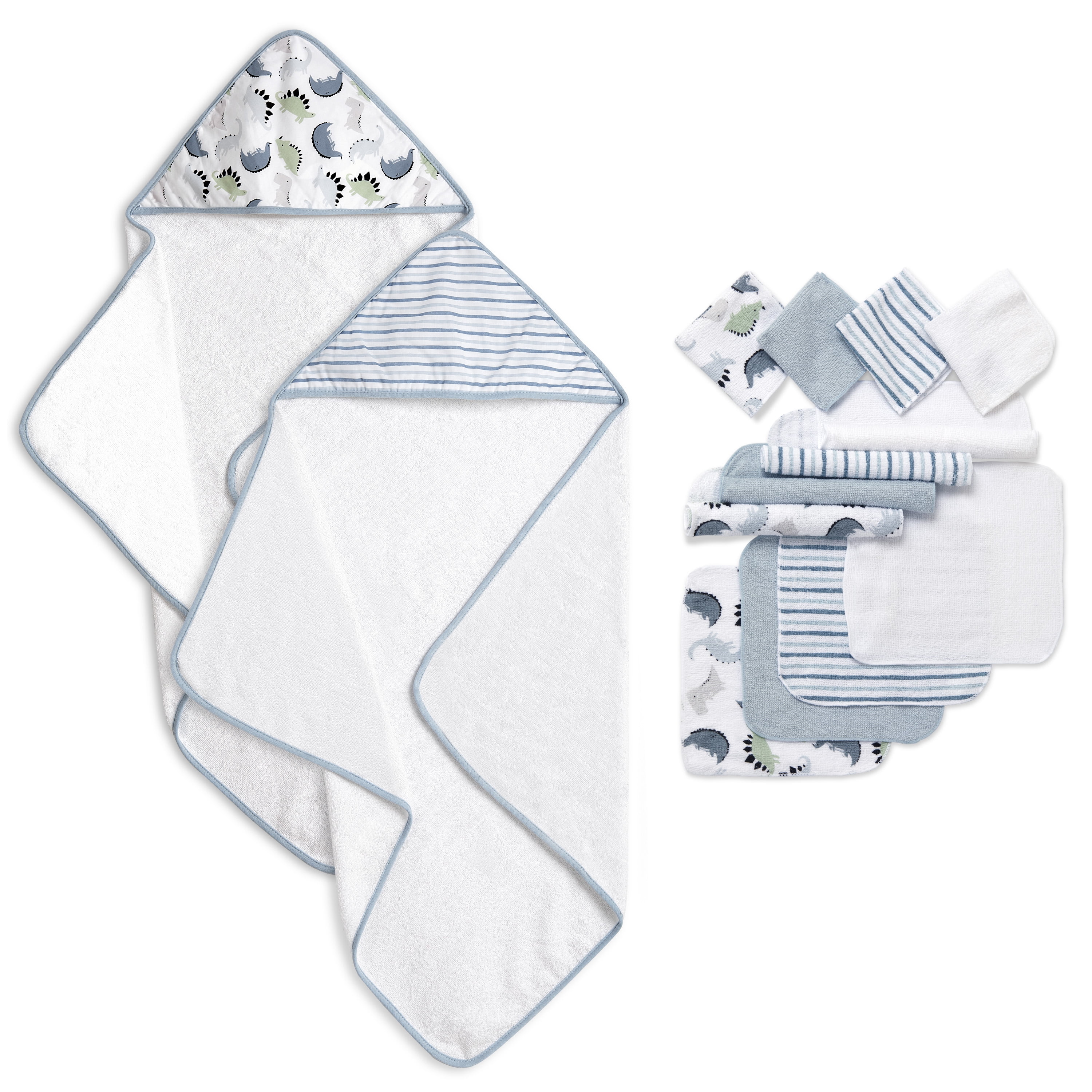 Dream On Me Baby 2 Piece Hooded Towels & 12 - Piece Washcloth Set in Blue Dino Print
