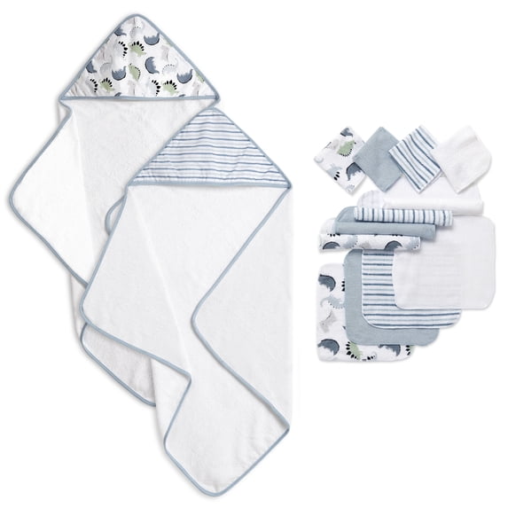 Dream On Me Baby 2 Piece Hooded Towels & 12 - Piece Washcloth Set in Blue Dino Print