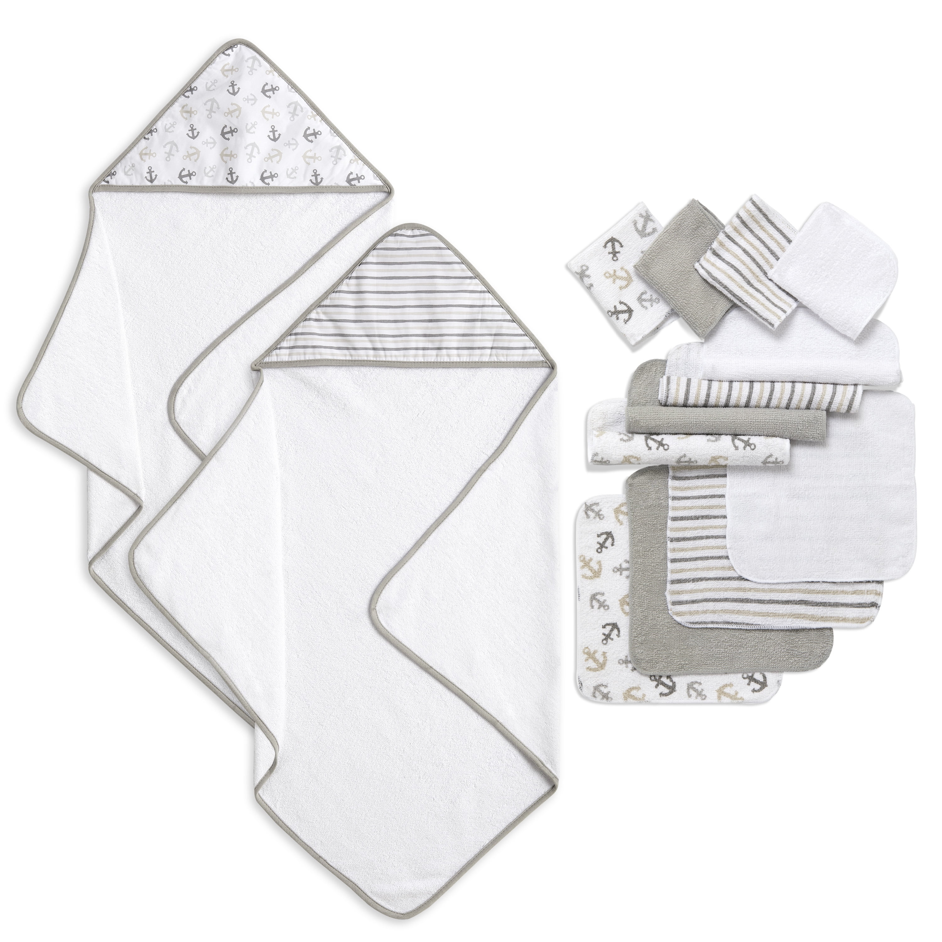 Dream On Me Baby 2 Piece Hooded Towels & 12 - Piece Washcloth Set in Soft Grey