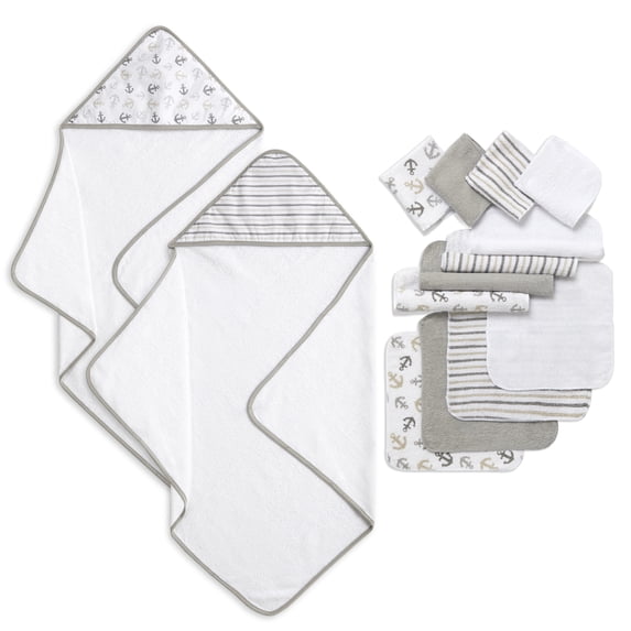 Dream On Me Baby 2 Piece Hooded Towels & 12 - Piece Washcloth Set in Soft Grey