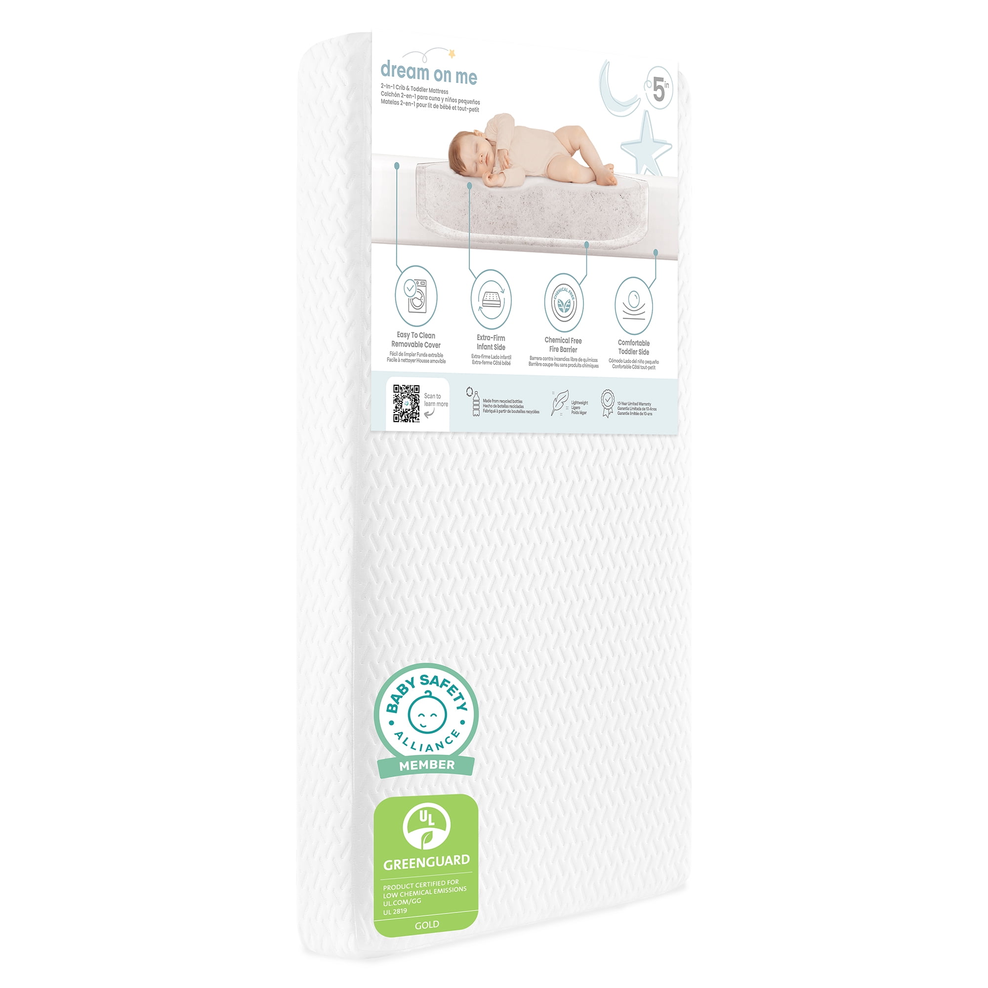 Dream On Me Baby Swan 5" Premium Full-Size Crib & Toddler Mattress, GREENGUARD Gold & BSA Certified, Water-Resistant, Machine Washable Cover