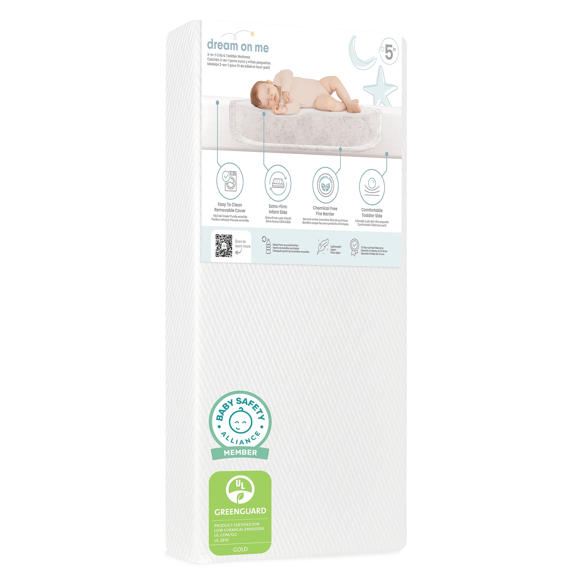 Dream On Me Baby Swan 5" Premium Full-Size Crib & Toddler Mattress, GREENGUARD Gold & BSA Certified, Water-Resistant, Machine Washable Cover