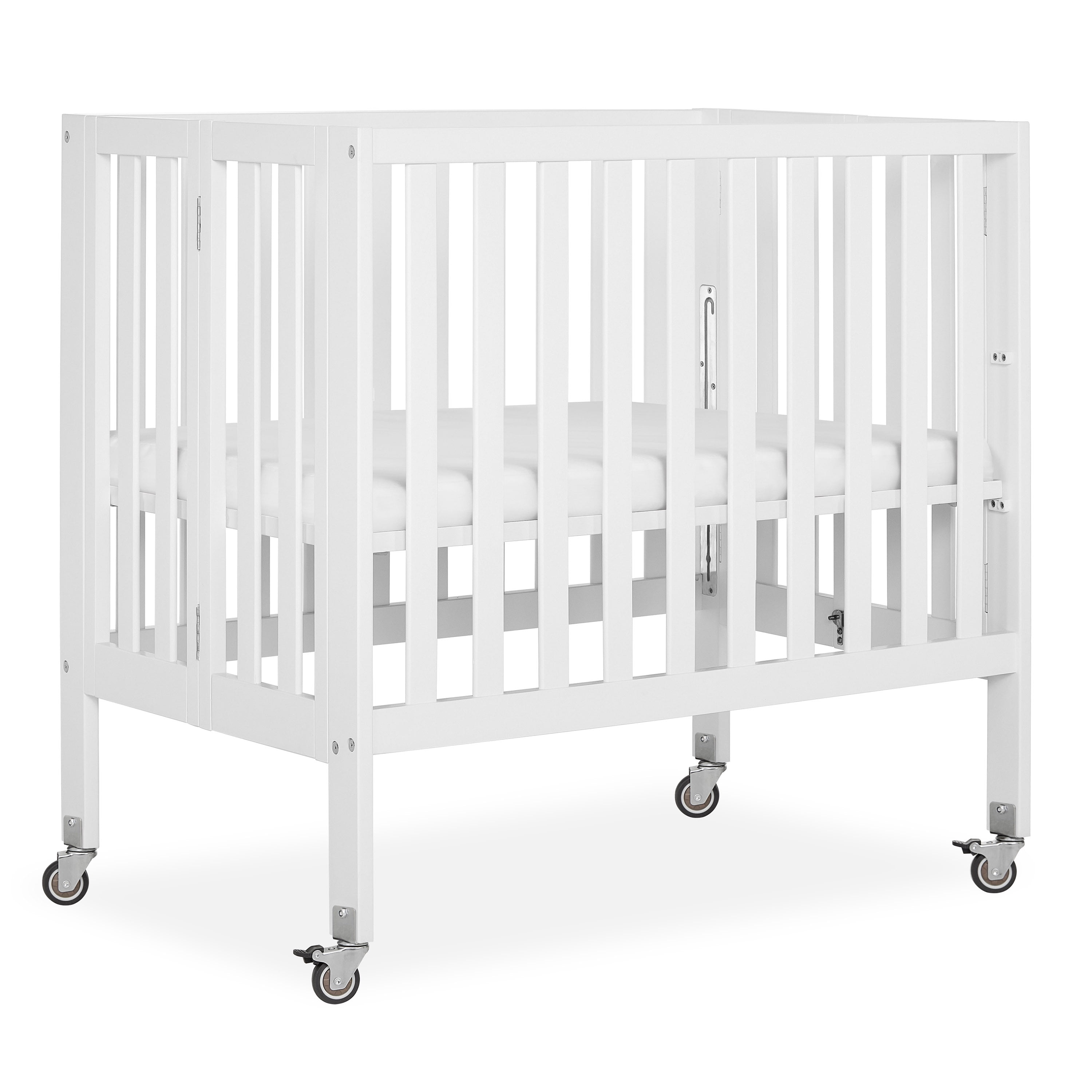 Dream On Me Jett Non-Full Size Folding Crib I Removable Wheels I Modern Nursey I Adjustable Mattress Support I Patent Folding System I Included 2.5” Mattress In White