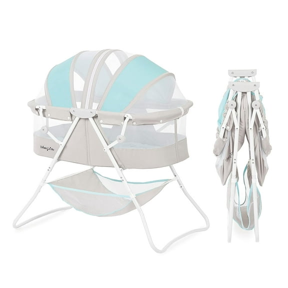 Dream On Me Karley Bassinet in Blue & Grey, Lightweight Portable Baby Bassinet, Quick Fold and Easy to Carry , Adjustable Double Canopy, Indoor and Outdoor Bassinet with Large Storage Basket. Blue/Grey