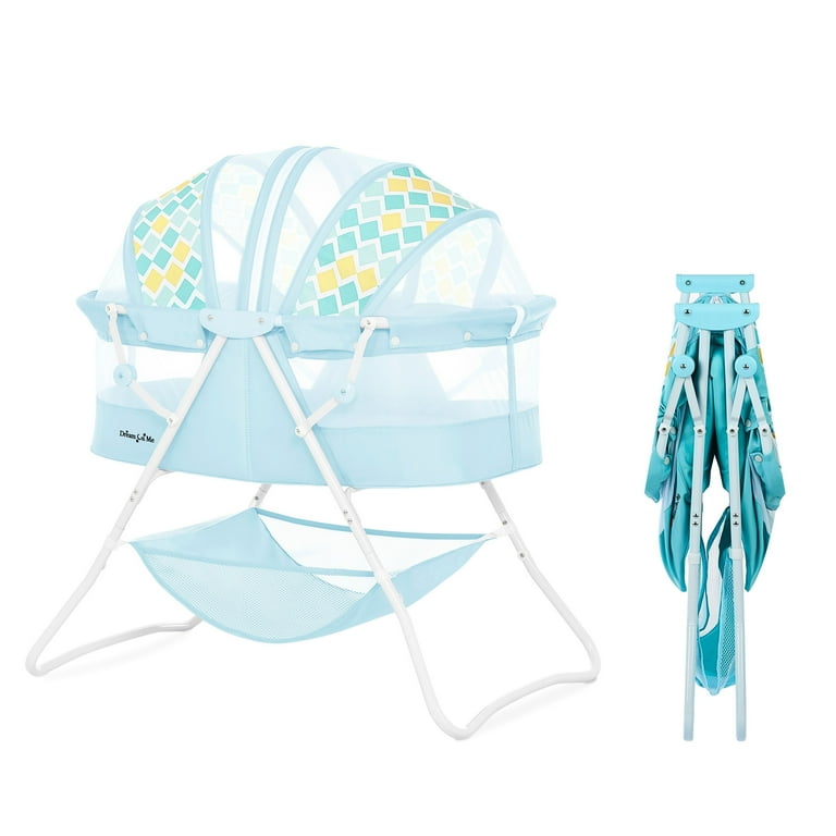 Dream On Me Karley Bassinet in Aqua Quick Fold and Easy to Carry Large Storage Basket