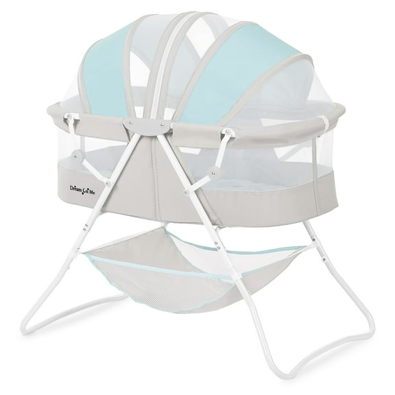 Dream On Me Karley Bassinet in Blue and Grey, Quick Fold and Easy to Carry, Large Storage Basket