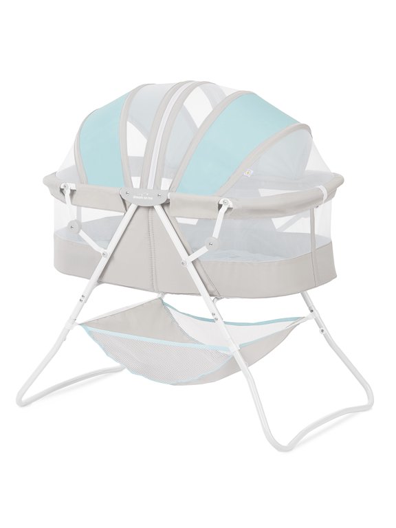 Karley Bassinet in Blue and Grey, Quick Fold and Easy to Carry, Large Storage Basket