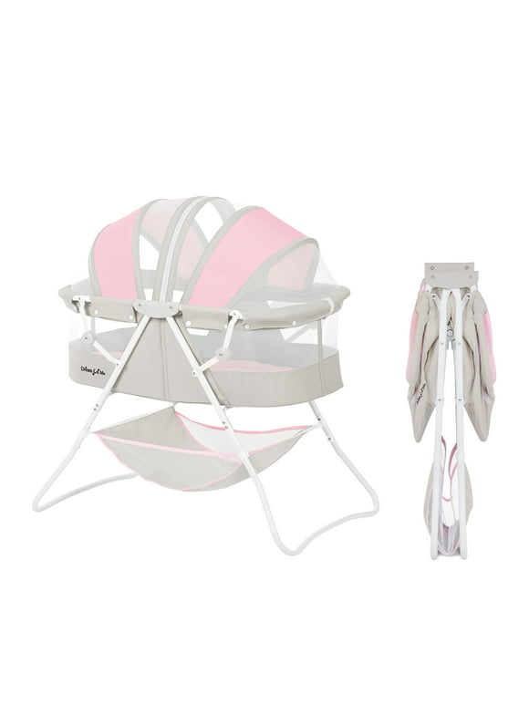 Dream On Me Karley Bassinet in Pink and Grey, Quick Fold and Easy to Carry, Large Storage Basket