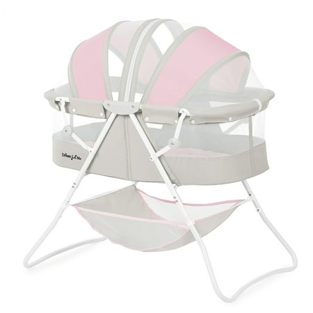 Dream On Me Karley Bassinet in Pink and Grey, Quick Fold and Easy to Carry, Large Storage Basket