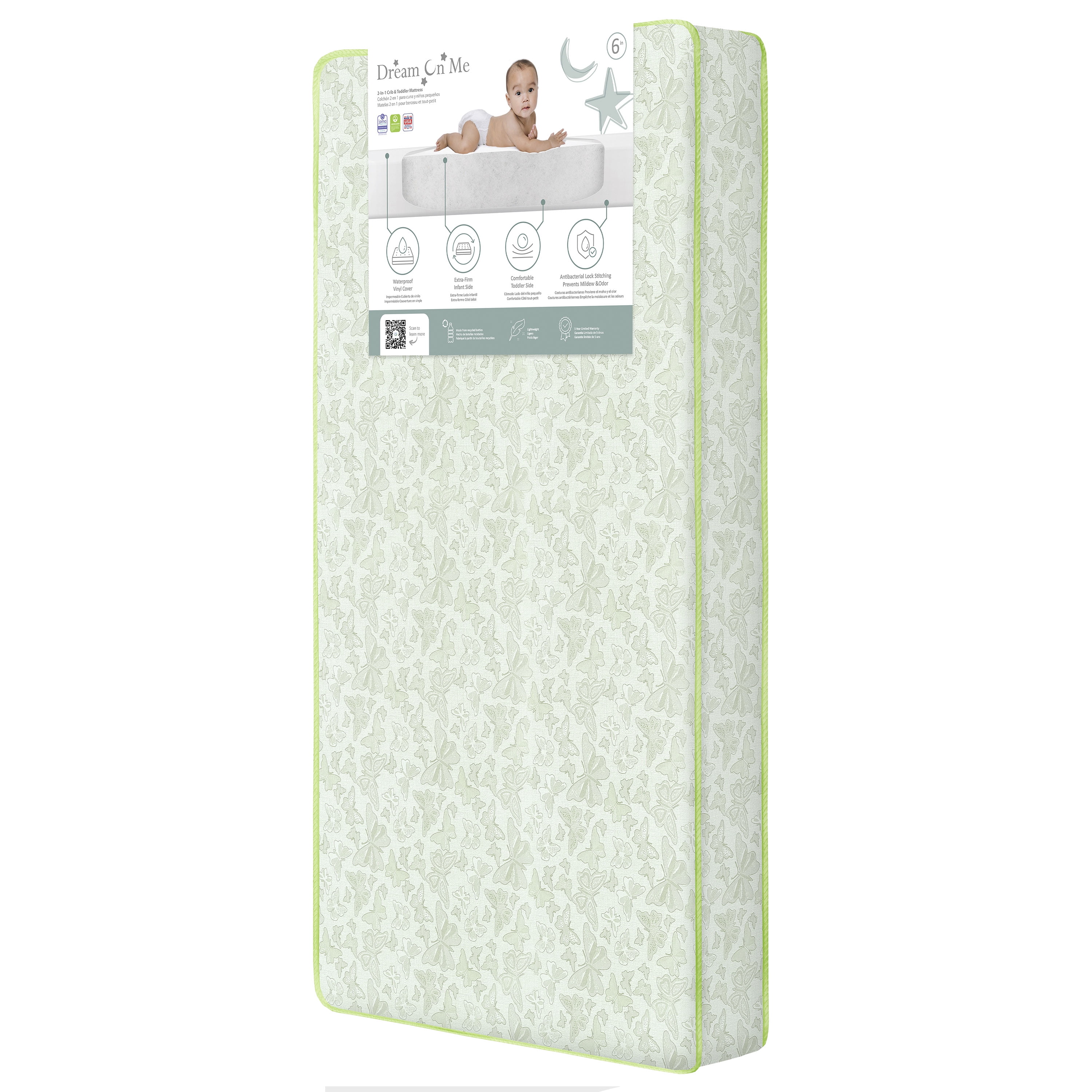 Dream On Me Little Butterflies 6" 2-in-1 Foam Core Crib and Toddler Bed Mattress
