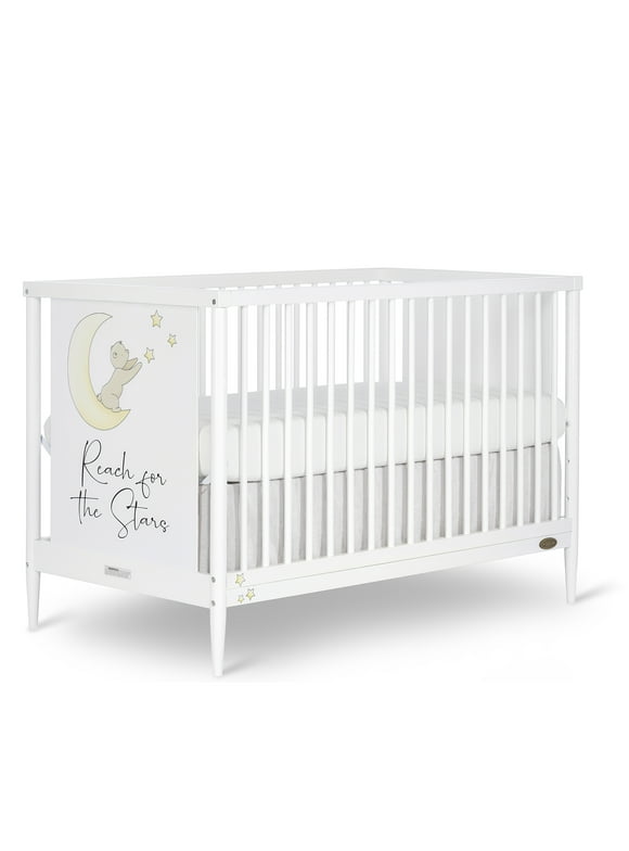 Dream On Me Moon Bear Reaching For The Stars 4 In 1 Modern Island crib With Rounded Spindles I Convertible Crib I Hand Printed Mural On One End Panel I Mid- Century Meets Modern in White Finish