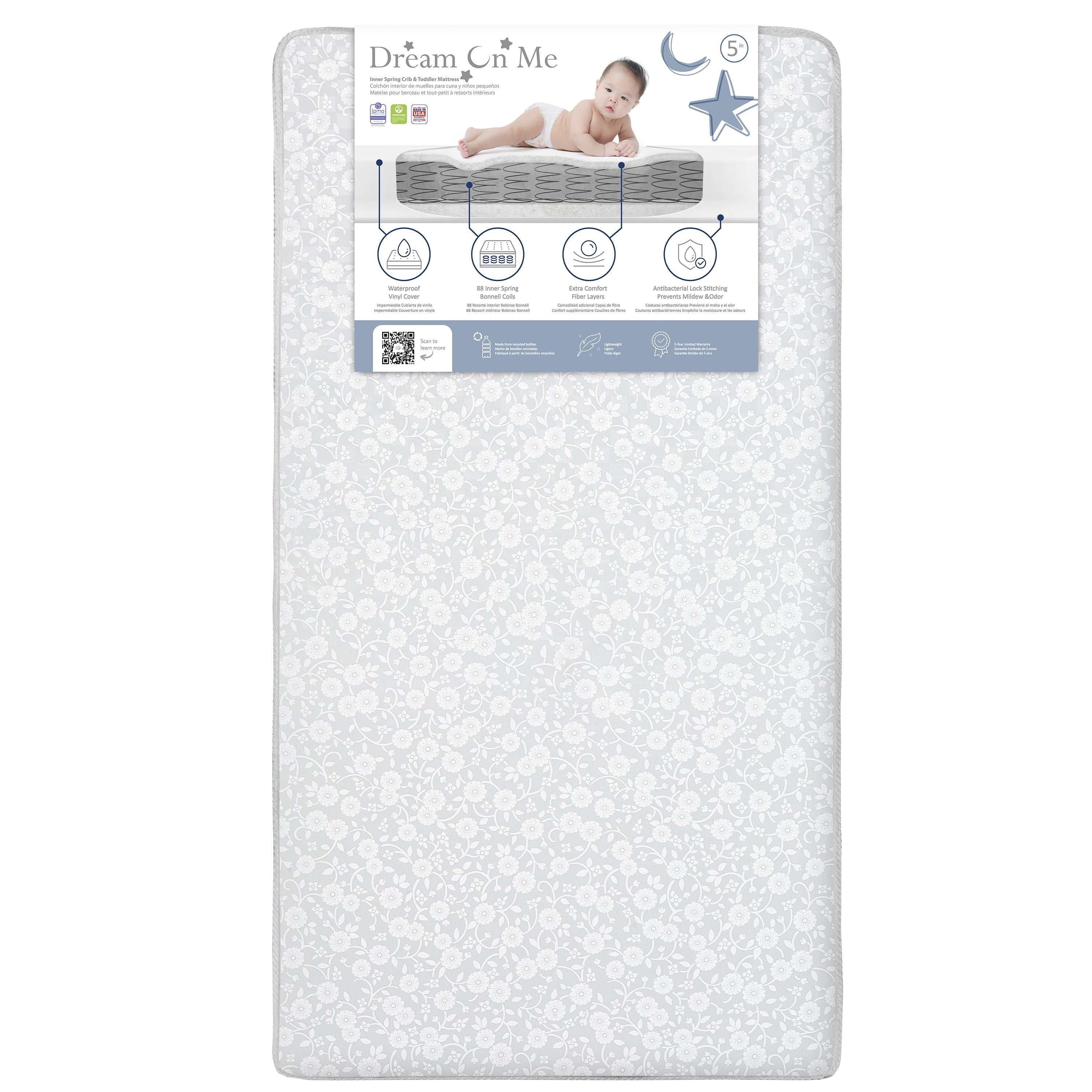 Dream On Me Nap Nest Crib and Toddler Mattress, Daisy Dreams