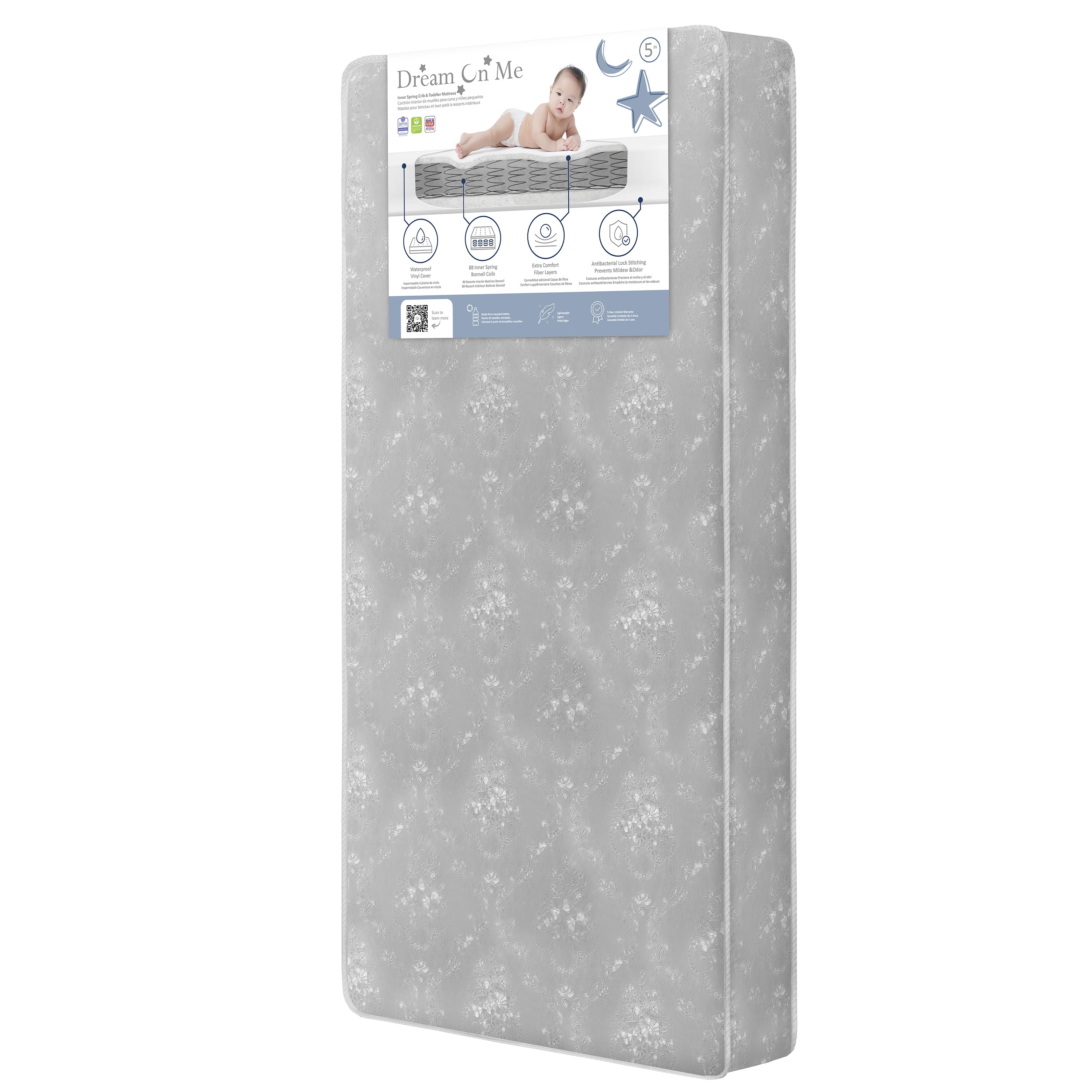 Dream On Me Nap Nest Crib and Toddler Mattress, Grey Floral