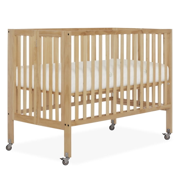 Dream On Me Quinn Full-Size Folding Crib, Removable Wheels, Modern Nursey, Adjustable Mattress Support, Patent Folding System in Natural