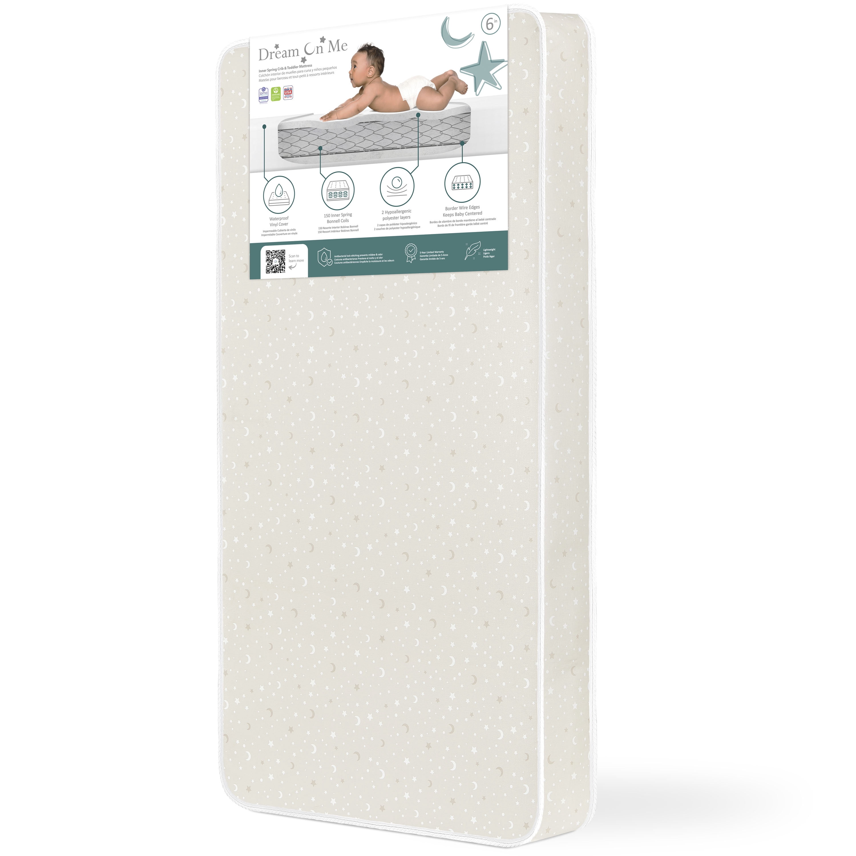 Dream On Me Starry Night Crib and Toddler Mattress / Greenguard Gold environment safe baby mattress, Grey Stars Vinyl Cover