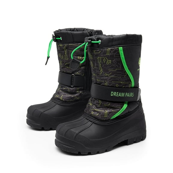 Dream Pairs Big Kid Boys & Girls Mid Calf Waterproof Winter Snow Boots KAMICK. color BLACK/NEON/GREEN, size 10.