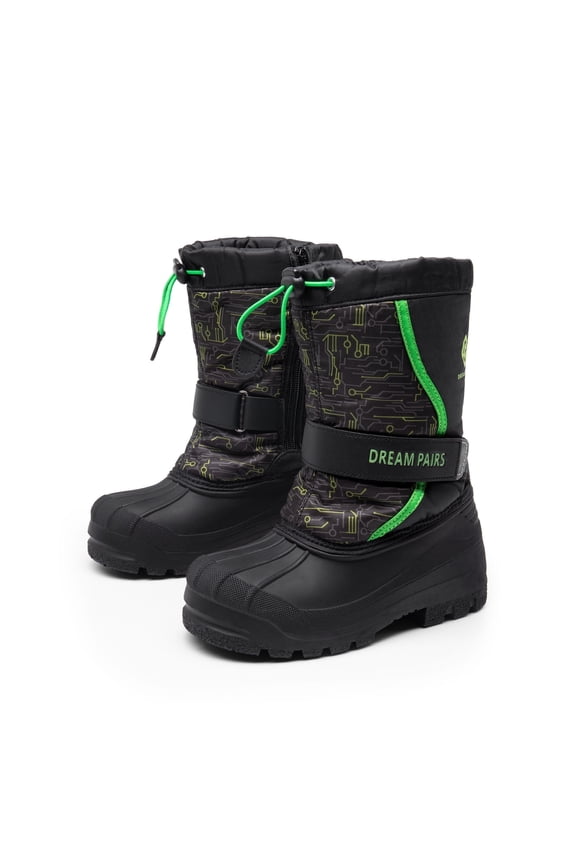 Big Kid Boys & Girls Mid Calf Waterproof Winter Snow Boots KAMICK. color BLACK/NEON/GREEN, size 10.