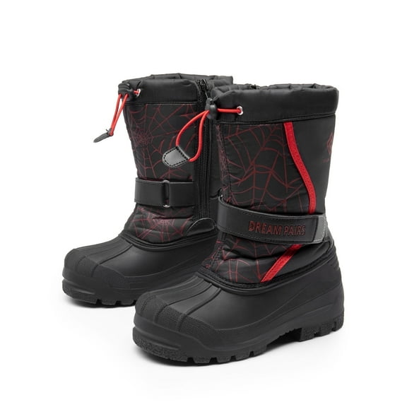Dream Pairs Big Kid Boys & Girls Mid Calf Waterproof Winter Snow Boots KAMICK. color BLACK/RED, size 9.