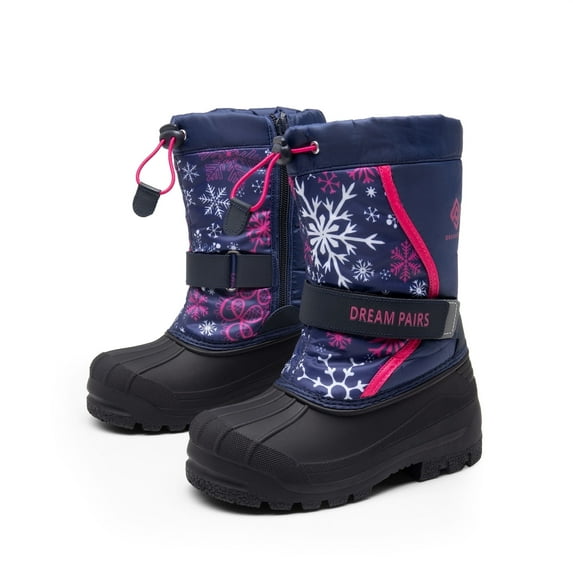 Dream Pairs Big Kid Boys & Girls Mid Calf Waterproof Winter Snow Boots KAMICK. color NAVY/FUCHSIA, size 4.