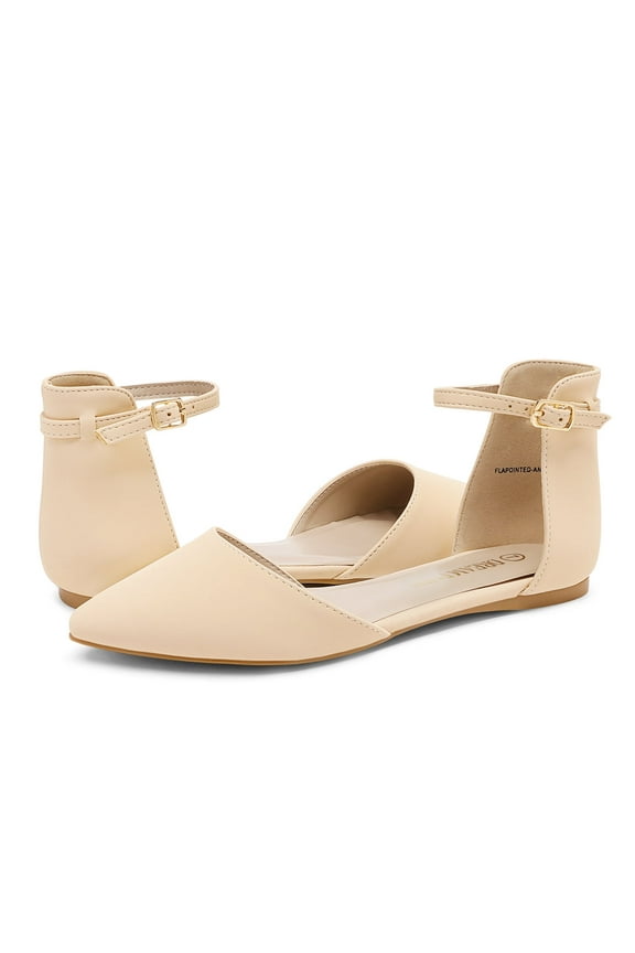 Flapointed Women's Casual Ankle Strap Flats Shoes Pointed Plain Ballet Comfort Soft Slip On Flats Shoes Nude/Nubuck Size 6