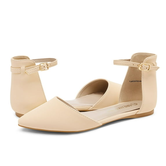 BURUDANI Flapointed Women's Casual Ankle Strap Flats Shoes Pointed Plain Ballet Comfort Soft Slip On Flats Shoes Nude/Nubuck Size 8.5