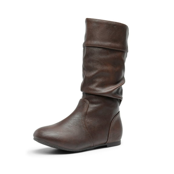 BURUDANI Girl's Kid's Cute Zipper Flat Heel Mid Calf Boot Shoes BLVD-K BROWN/PU Size 4