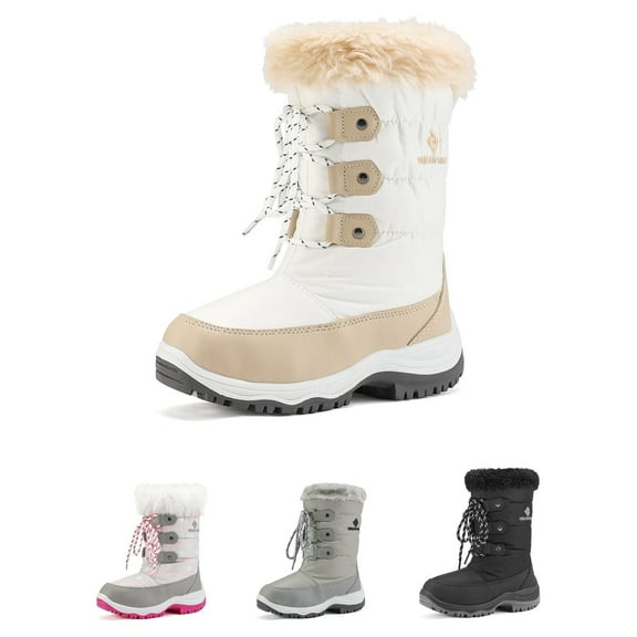 Dream Pairs Kids Boys & Girls Winter Mid Calf Knee High Waterproof Winter Outdoor Snow Boots Nordic Beige/White Size 12