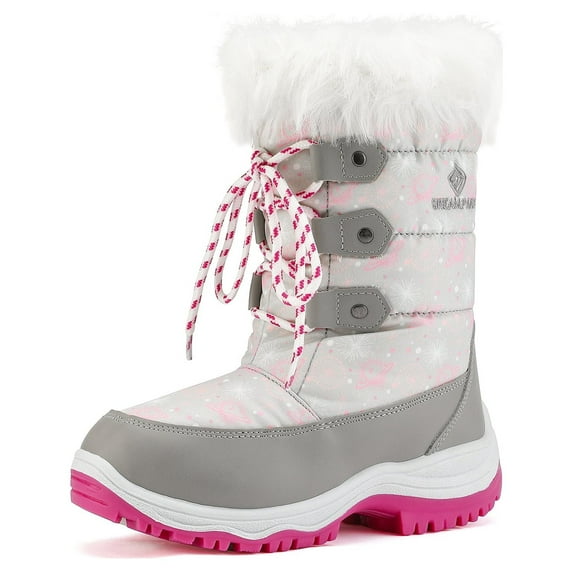 Dream Pairs Kids Boys & Girls Winter Mid Calf Knee High Waterproof Winter Outdoor Snow Boots Nordic Grey/Pink Size 13
