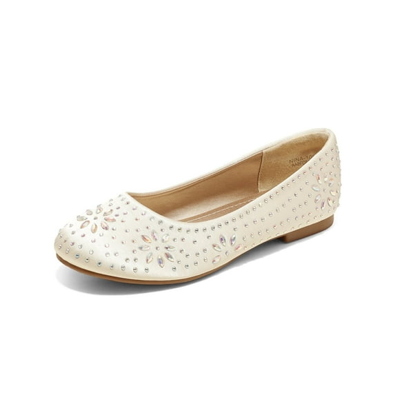 Dream Pairs Kids Girls Slip-On Shoes Children Party Dress Dance Shoes Flat Shoes NINA-100 IVORY/SATIN Size 3