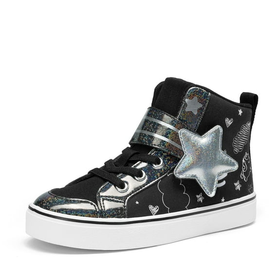 BURUDANI Girls’ Star High-Top Sneakers with Hook and Loop, Sparkly Rainbow Casual Shoes