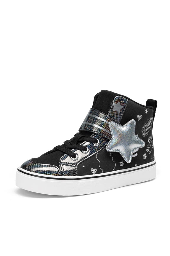 BURUDANI Girls’ Star High-Top Sneakers with Hook and Loop, Sparkly Rainbow Casual Shoes