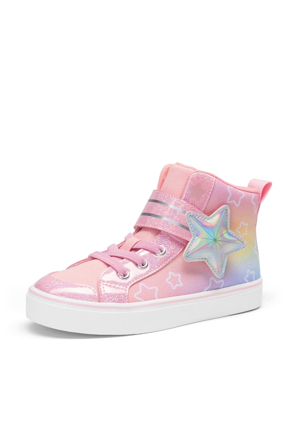 Girls’ Star High-Top Sneakers with Hook and Loop, Sparkly Rainbow Casual Shoes