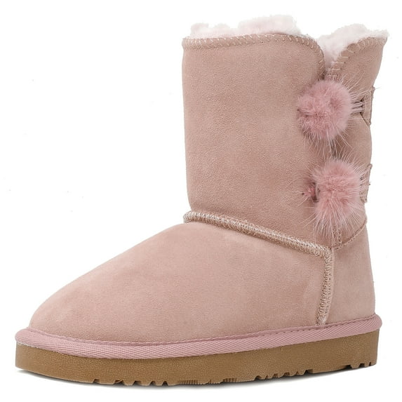 Dream Pairs New Kids/Girls Classic Mid Snow Boots Winter Flat Shoes Faux Fur Shorty-Pompom Pink Size 2