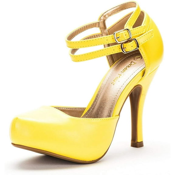 Dream Pairs Office-02 Women's Classy Mary Jane Double Ankle Strap Almond Toe High Heel Pumps Shoes Office-02 Yellow/Pu Size 7.5