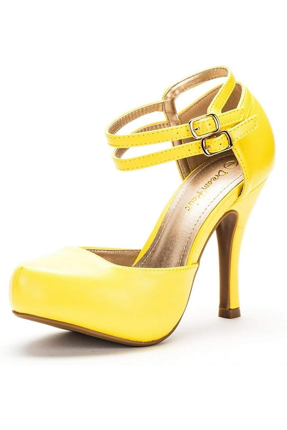 Office-02 Women's Classy Mary Jane Double Ankle Strap Almond Toe High Heel Pumps Shoes Office-02 Yellow/Pu Size 7.5