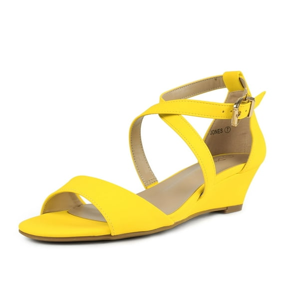 Dream Pairs Women Ankle Strap Low Wedge Sandals Casual Dress Shoes Fashion Open Toe Sandals Jones Yellow/Nubuck Size 6