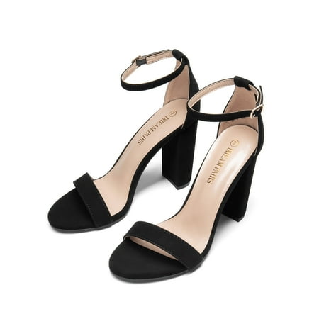BURUDANI Women Ankle Strap Open Toe Chunky High Heel Sandals Wedding Party Heel Shoes BLACK/SUEDE Size 7